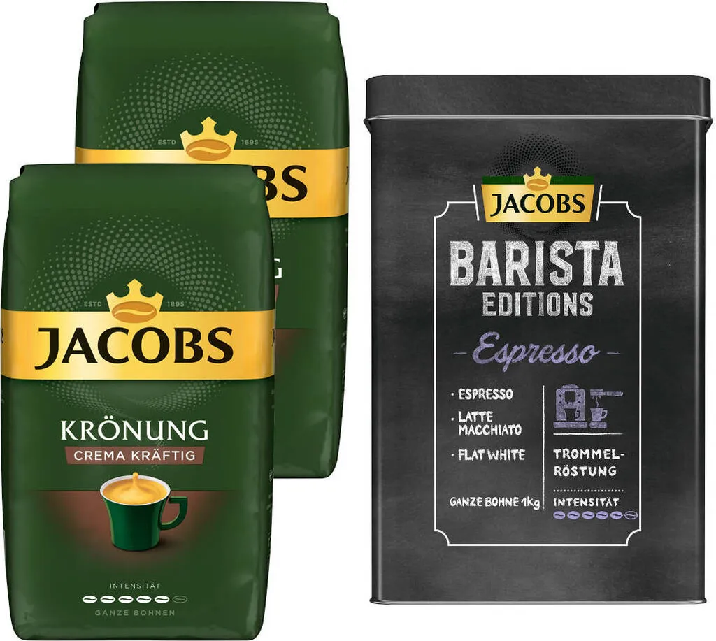 JACOBS Kaffeebohnen Krönung Crema Kräftig 2 X 1kg Ganze Kaffee Bohnen + 1 Aluminium Dose Im Barista-Design 1 JACOBS Kaffeebohnen Krönung Crema Kräftig 2 X 1kg Ganze Kaffee Bohnen + 1 Aluminium Dose Im Barista-Design