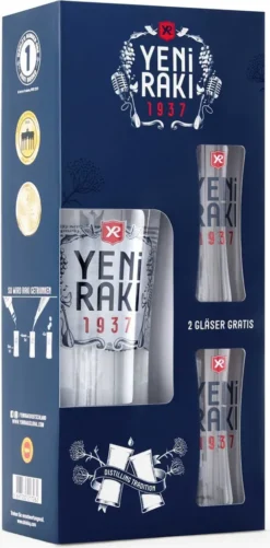 Yeni Raki Geschenkset Mit 2 Raki-Gläsern Im Neuen „1937“-Design Alc. 45% Vol. 0,7L
