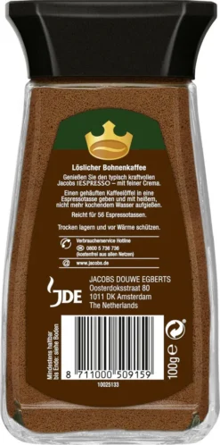 Jacobs Espresso, Löslicher Kaffee, Instantkaffee, Instant Kaffee, Löskaffee, Glas, 100 G -Senseo || Tassimo Verkäufe 4eaebb540b75d1edd4c7fb47ab1c64bd