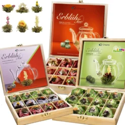 Creano 3er-Set Holzteekisten Mit Jeweils 12x Weißen, 12x Grünen ErblühTee Und 12x ErblühTee MIX