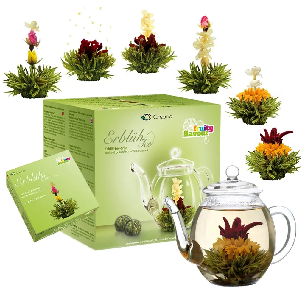 Creano Teeblumen Mix - Geschenkset Erblühtee Mit Glaskanne Grüner Tee Fruchtig Aromatisiert (Teerosen In 6 Sorten), Blooming Tea, Tee Geschenk Für Frauen, Mutter, Teeliebhaber 1 Creano Teeblumen Mix - Geschenkset Erblühtee Mit Glaskanne Grüner Tee Fruchtig Aromatisiert (Teerosen In 6 Sorten), Blooming Tea, Tee Geschenk Für Frauen, Mutter, Teeliebhaber