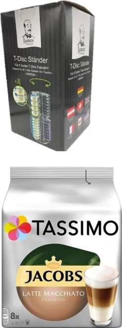 Tassimo Jacobs Latte Macchiato Classico 8er Pack, 264 G Packung Plus Tassimo Drehständer Passend Für 6 Sorten A 8 T-Disc Drehbar