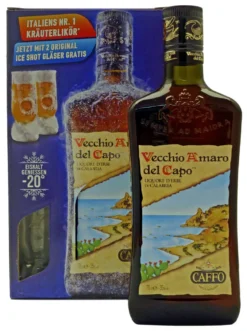 Vecchio Amaro Del Capo | Kräuterlikör Aus Kalabrien | Geschenk-Set Mit 1 Flasche 0,7l. Und 2 Ice-Shot-Gläsern