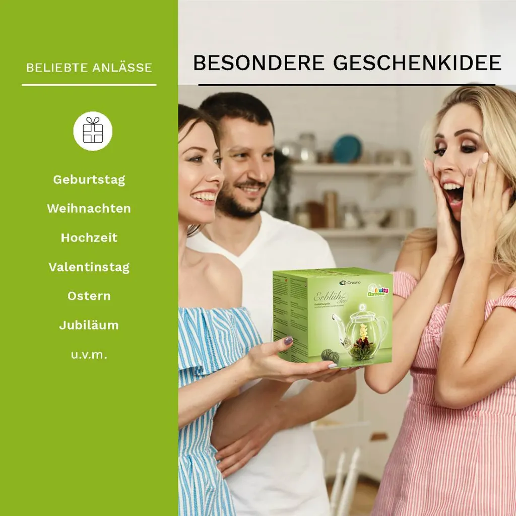 Creano Teeblumen Mix - Geschenkset Erblühtee Mit Glaskanne Grüner Tee Fruchtig Aromatisiert (Teerosen In 6 Sorten), Blooming Tea, Tee Geschenk Für Frauen, Mutter, Teeliebhaber 7 Creano Teeblumen Mix - Geschenkset Erblühtee Mit Glaskanne Grüner Tee Fruchtig Aromatisiert (Teerosen In 6 Sorten), Blooming Tea, Tee Geschenk Für Frauen, Mutter, Teeliebhaber – Bild 7