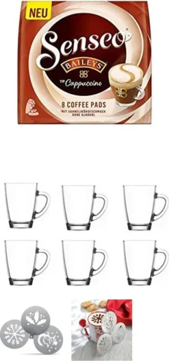 Senseo Pads Typ Cappuccino Baileys, 1er Pack + 6 X Henkelbecher 300ml, Edelstahlschablonen Weihnachten